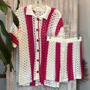 Pink and White Crochet Knit Set Size Small NWOT Unbranded